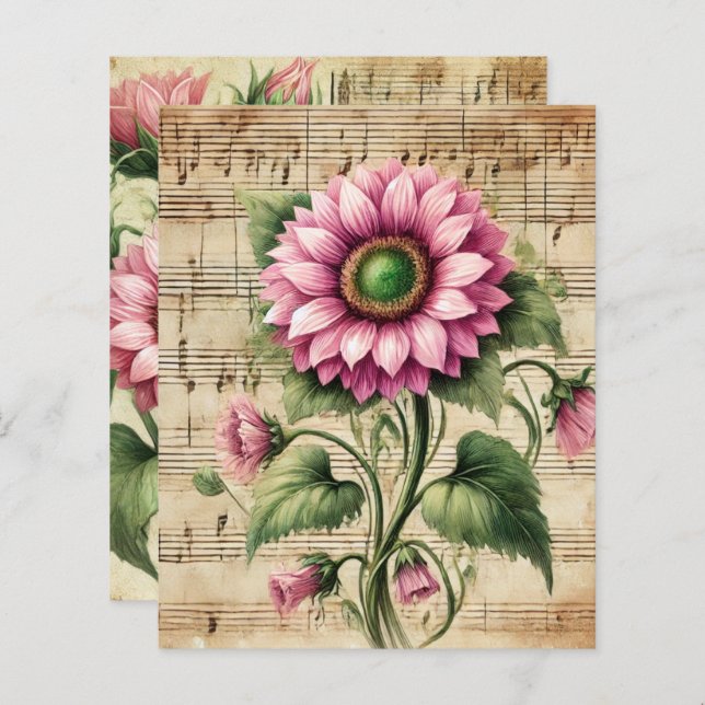 Vintage Musik Pink & Green Sonnenblumen Scrapbook (Vorne/Hinten)