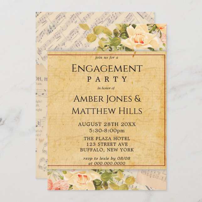 Vintage musikalische florale Engagement-Partei Einladung (Vorne/Hinten)