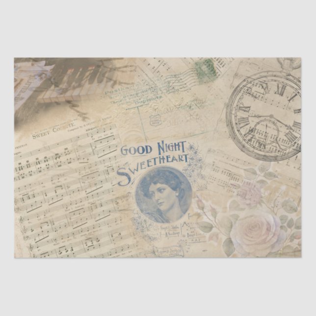 Vintage Musikblätter Rose Pocket Watch Decoupage Seidenpapier (Vorderseite)