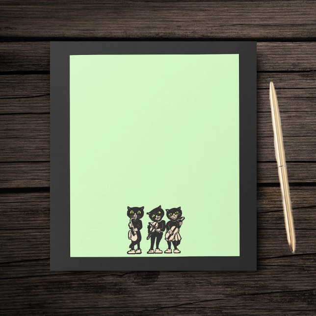Vintage Musiker Black Cats Musiknoten Notizblock (Three black musician cats playing instruments on light green with black border paper notepad.)