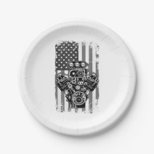 Vintage-Muskelauto-Kolben-Amerikanische-Flagge-Lus Pappteller