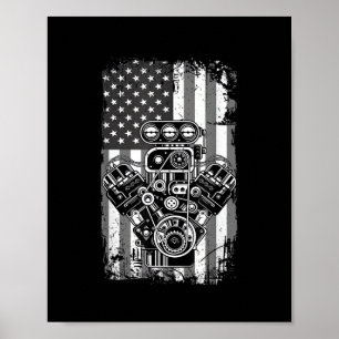 Vintage-Muskelauto-Kolben-Amerikanische-Flagge-Lus Poster