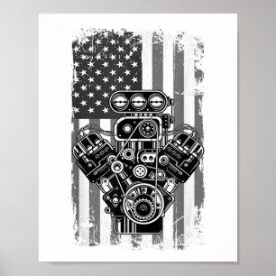 Vintage-Muskelauto-Kolben-Amerikanische-Flagge-Lus Poster
