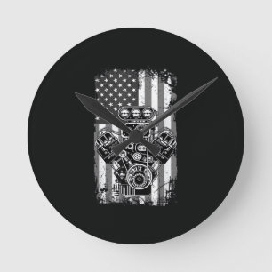 Vintage-Muskelauto-Kolben-Amerikanische-Flagge-Lus Runde Wanduhr