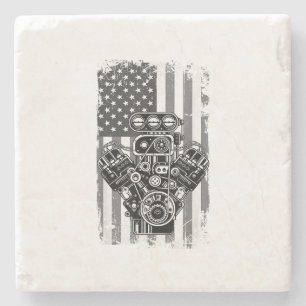 Vintage-Muskelauto-Kolben-Amerikanische-Flagge-Lus Steinuntersetzer