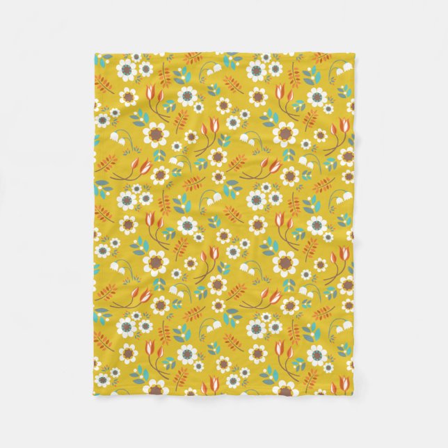 Vintage Mustard Yellow Floral Flowers Pattern Fleecedecke (Vorderseite)