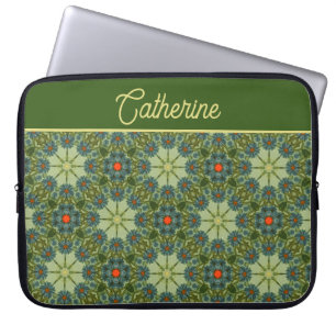 Vintage-Muster in Grün mit blauen Blumen Laptopschutzhülle