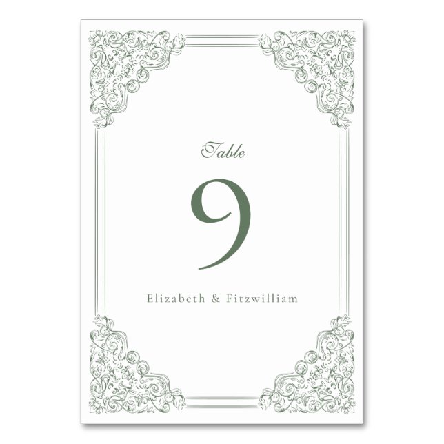 Vintage Mute Green Frame Elegante Script Hochzeit Tischnummer (Vorderseite)