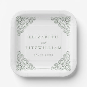 Vintage Mute-Green-Verziert-Rahmen-Hochzeit Pappteller