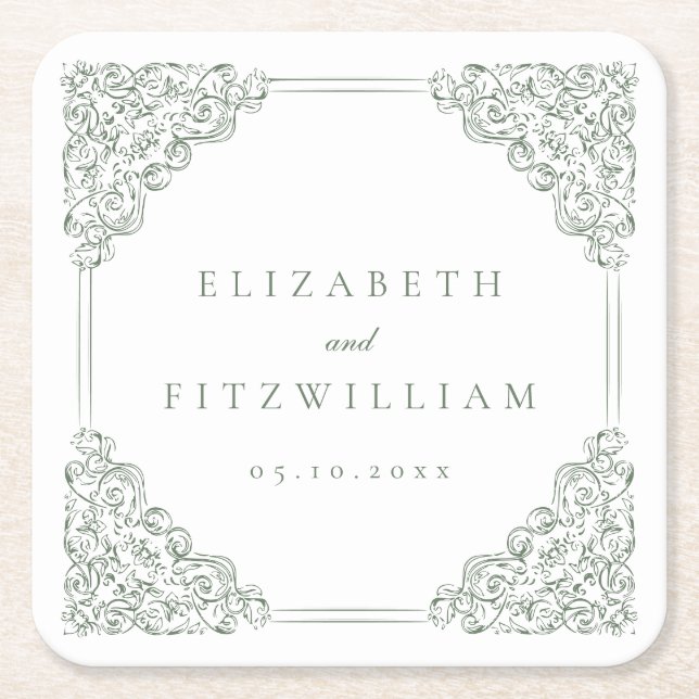 Vintage Mute-Green-Verziert-Rahmen-Hochzeit Rechteckiger Pappuntersetzer (Vorderseite)