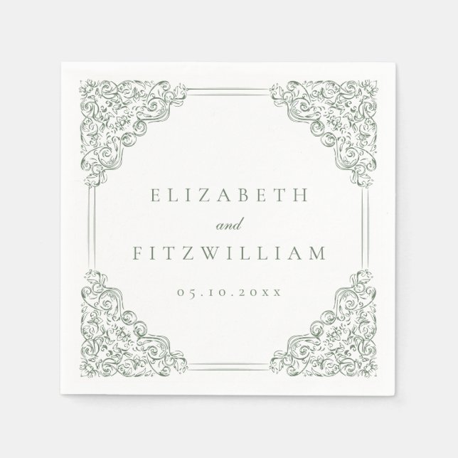 Vintage Mute-Green-Verziert-Rahmen-Hochzeit Serviette (Vorderseite)