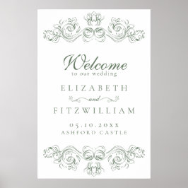 Vintage Mute-Green-Verziert-Rahmen-Hochzeit willko Poster