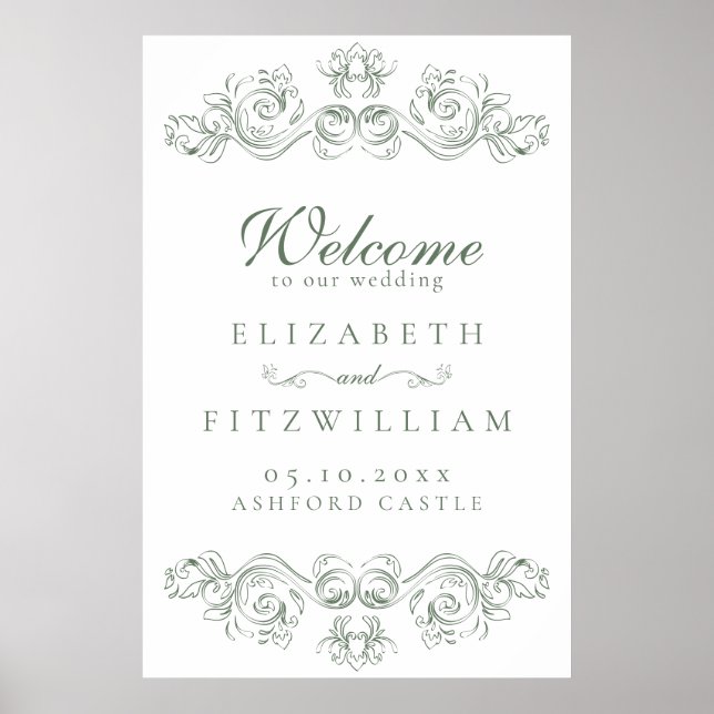 Vintage Mute-Green-Verziert-Rahmen-Hochzeit willko Poster (Vorne)