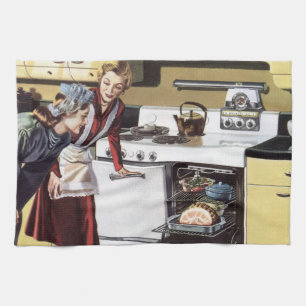 Vintage-Mutter in der Küche beim Kochen eines Oste Geschirrtuch
