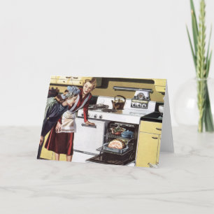 Vintage-Mutter in der Küche beim Kochen eines Oste Karte