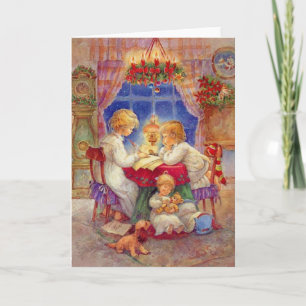 Vintage Mutter mit Kindern am Tisch Feiertagskarte