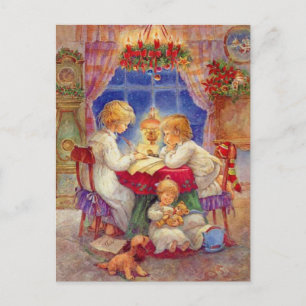 Vintage Mutter mit Kindern am Tisch Postkarte