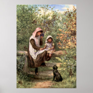 Vintage-Mutter und Kind in ländlicher Umgebung Poster