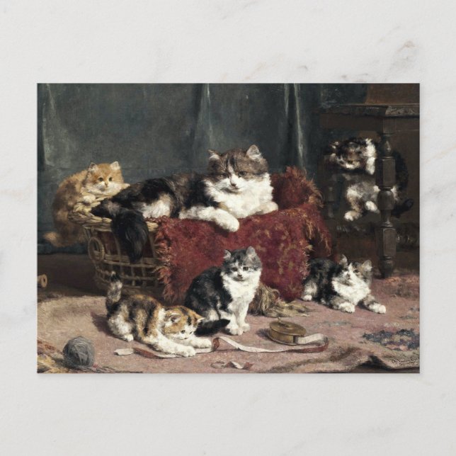 Vintage Mutterkatze mit verspieltenden Kätzchen Postkarte (Vorderseite)