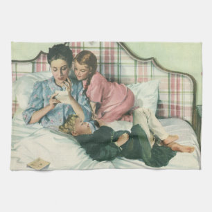 Vintage Muttertag, Kinder lesen Karten im Bett Geschirrtuch