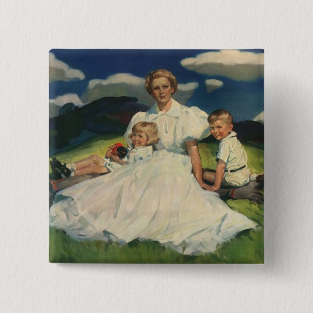 Vintage Muttertag, Mutter mit Kindern Button (Vorderseite)