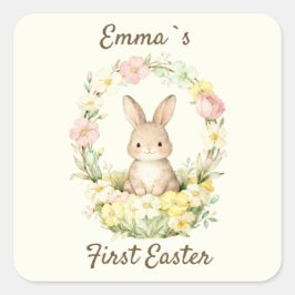 Vintage My First Easter Bunny Floral Wreath Quadratischer Aufkleber