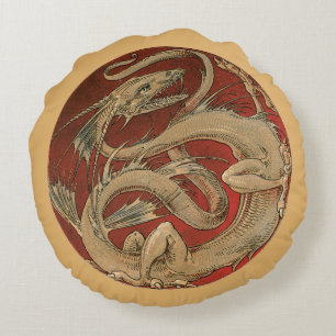 Vintage-Mythologie, antiker goldener asiatischer D Rundes Kissen