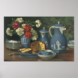 Vintage Nachmittagskaffee, Kuchen, Tee und Blumen Poster