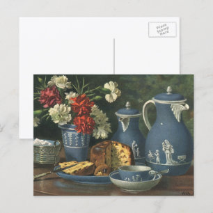 Vintage Nachmittagstee, Kuchen, Tee und Blumen Postkarte