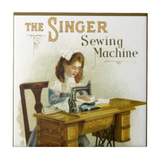 Vintage Nähmaschine-Anzeige mit Mädchen Fliese
