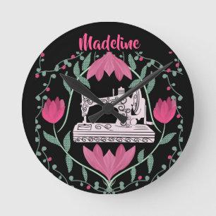 Vintage Nähmaschine: Blumenmuster Personalisiert Runde Wanduhr
