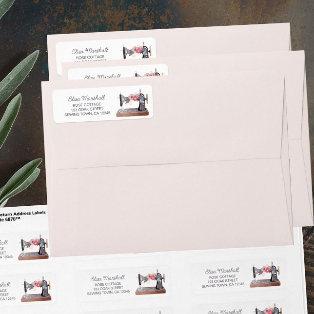 Vintage Nähmaschine Boho Floral Bouquet (Sewing themed return address labels with vintage sewing machine)