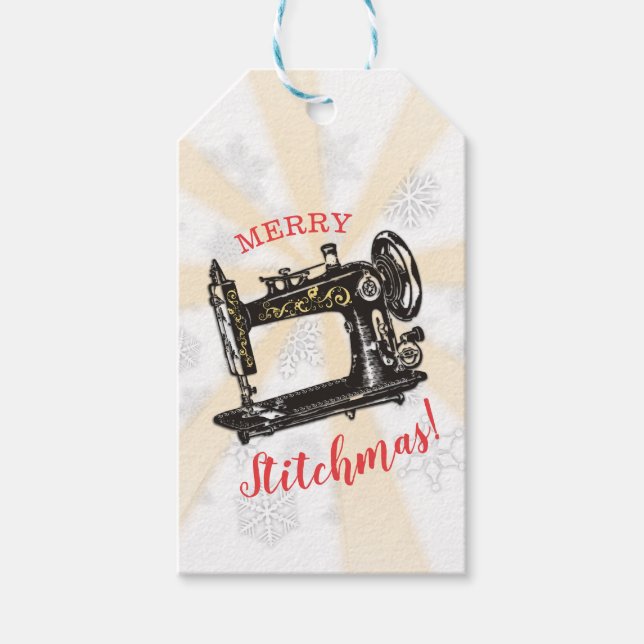 Vintage Nähmaschine nahtlos Weihnachtsmarke Geschenkanhänger (Vorderseite)