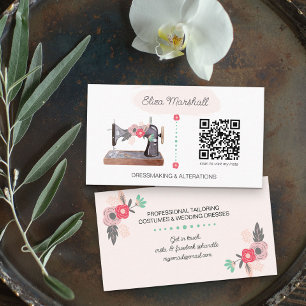 Vintage Nähmaschine und QR-Code Boho Floral Visitenkarte
