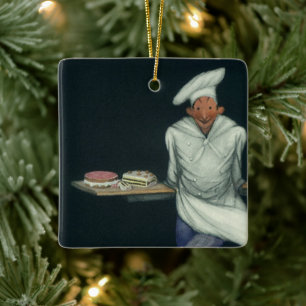 Vintage-Nahrungsmittelgeschäft, Bäcker mit Gebäckd Keramikornament