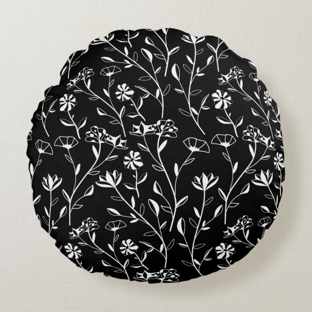 Vintage Nahtlose Kontur Blumenmuster. Hand Gezeich Rundes Kissen (Vorderseite)