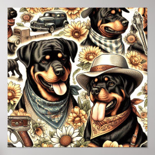 Vintage Nahtlose Rottweiler-Illustration Poster