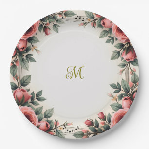 Vintage Name Französisches Blumen-Rosen-Monogramm Pappteller