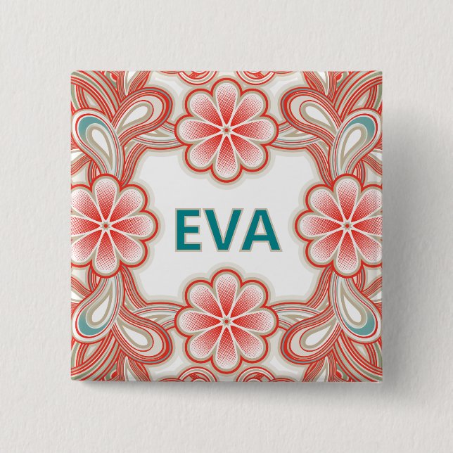 Vintage Namensbutton mit roten Blumen Button (Vorderseite)