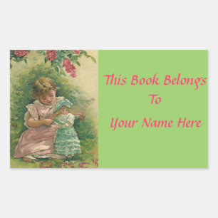 Vintage Namensschild Buch mit kleinem Mädchen und Rechteckiger Aufkleber