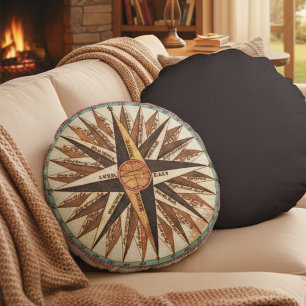 Vintage Nautic Compass Rose Cotton Pillow Rundes Kissen