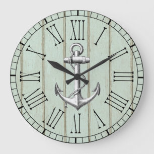 Vintage Nautical Anchor On Wood Pattern Große Wanduhr