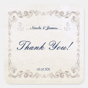 Vintage Nautical Elegant Beach Hochzeitsticker Quadratischer Aufkleber