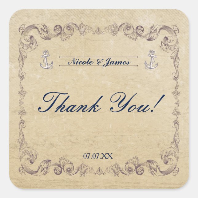 Vintage Nautical Elegant Beach Hochzeitsticker Quadratischer Aufkleber (Vorderseite)