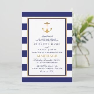 Vintage Nautical Gold Anchor, Navy & Gold Hochzeit Einladung