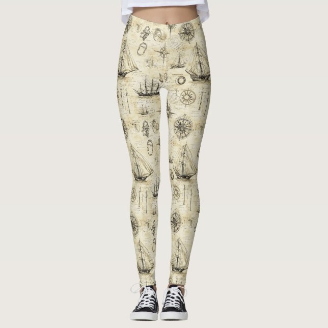 Vintage Nautical Map Pattern with Ships & Compass Leggings (Vorderseite)