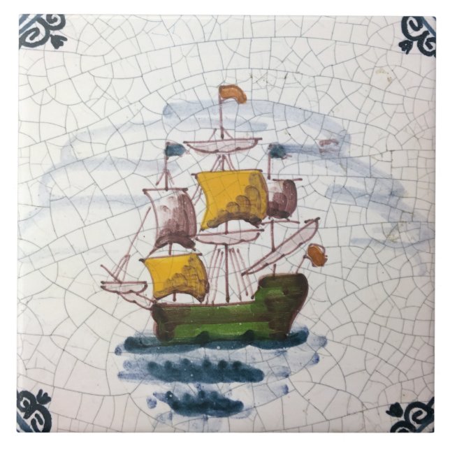 Vintage nautische Segelschiff-Kunst Fliese (Vorderseite)