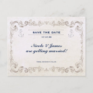 Vintage-nautische Strandhochzeit Save The Date Kar Ankündigungspostkarte