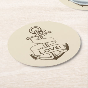 Vintage nautischer Schiffanker Tan Liebe Hochzeit Runder Pappuntersetzer