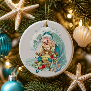 Vintage-Nautisches-Küsten-Weihnachten-Strand-Santa Keramik Ornament